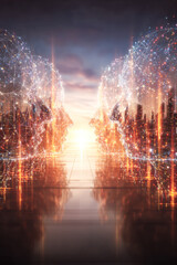 Fototapeta premium A futuristic depiction of two digital faces facing each other, surrounded by glowing visual elements, symbolizing connection and technology.
