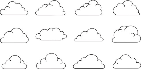 Collection of Twelve Simple Outline Icons of Various Cloud Shapes on a White Background clouds symbol on transparent background