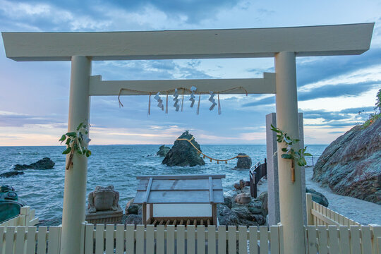 Futami Okitama Shrine and Meoto Iwa at sunrise in Ise city, Mie Prefecture, Japan.