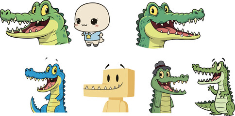 Cartoon crocodile and character set, playful animal clipart, kids illustration, stylized mascot vector, colorful reptile design, whimsical creature icons