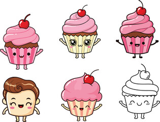 Cartoon cupcake character illustration set, expressive faces with cherries, frosting, wrappers, and playful poses, dessert theme, vector clipart, design asset