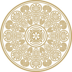 Vector golden classic Greek round ornament. Circle of Ancient Greece and the Roman Empire. Byzantine painting of walls, floors and ceilings. Decoration of European palaces.