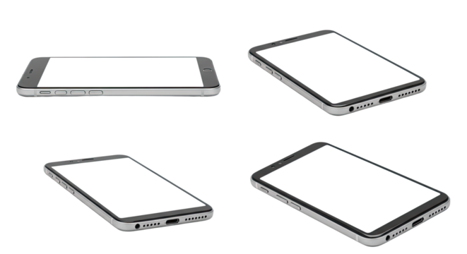 Set of four digital tablet devices shown from different angles with blank white screens, modern technology concept, perfect for tech presentations