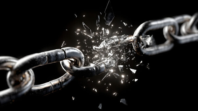 Breaking metal chain link shattering into pieces