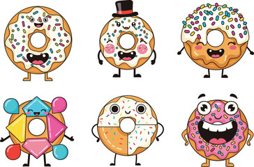 Cartoon donut character illustration set, expressive faces with icing, sprinkles, shapes, and accessories, dessert theme, vector clipart, design asset