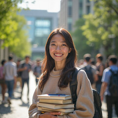 Young woman smiling joyfully while holding books on a sunny campus background