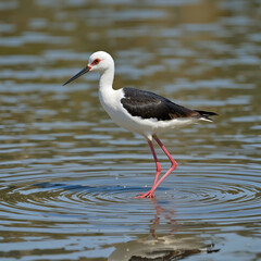 Obraz premium A black-winged stilt bird Himantopus himantopus standing gracefully in shallow water in Anapa, Russia.