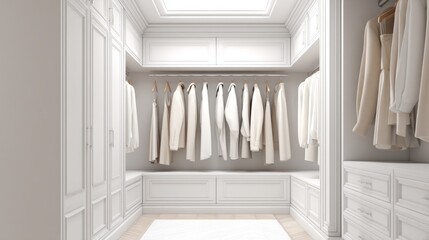 This bright and spacious walk in closet features sleek white cabinetry, organized clothing neatly hung, and a minimalist design that embodies luxury and sophistication in everyday living