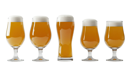 Set of five glasses filled with foamy beer arranged in a row on white background, showcasing different glass shapes perfect for bar and brewery promotions