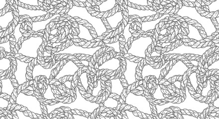 Vector art of seamless pattern of thick, intertwined nautical ropes in a detailed black and white illustration