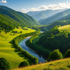 Winding River Through a Vibrant Green Mountain Valley Under Blue Sky