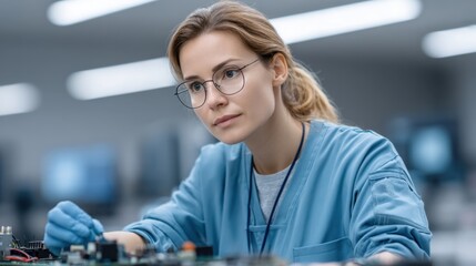 Fototapeta premium Focused Technician in Lab Environment Working with Circuit Board Components and Analyzing Electronic Devices for Innovations in Technology