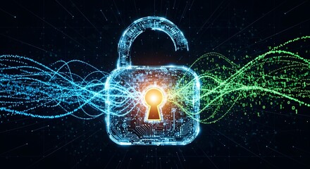 Glowing open padlock with circuit patterns and blue and green data streams on a dark background