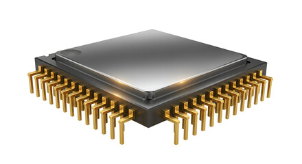 3d icon of closeup of a computer chip with golden pins isolated on transparent background, showcasing technology and electronics