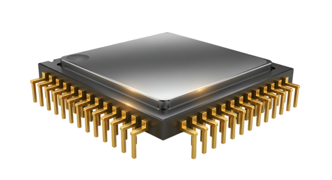3d icon of closeup of a computer chip with golden pins isolated on transparent background, showcasing technology and electronics