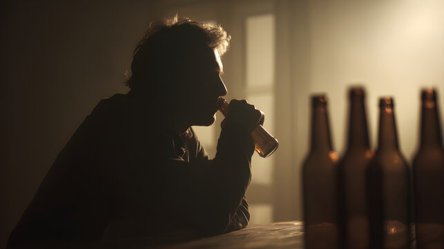 Man drinking beer in silhouette reflecting loneliness