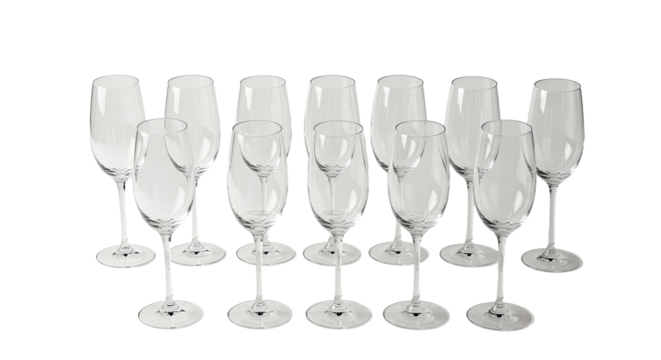 Set of multiple empty clear wine glasses isolated on white background, perfect for restaurant promotions or event invitations