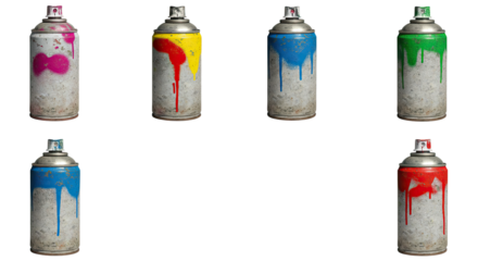 Set of old spray paint cans with colorful drips in red, blue, yellow, green, and pink, perfect for art and graffiti projects