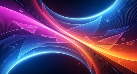 Abstract background with glowing lines triangles and circles in vibrant pink blue and orange shades