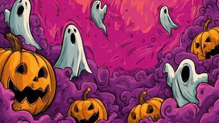 Ghosts and Pumpkins on Purple Fog Background for Halloween Decorations