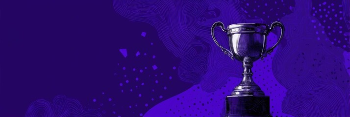 A silver trophy sits on a dark base against a deep purple background featuring abstract swirling patterns and scattered dots
