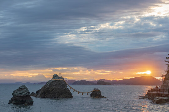 Futami Okitama Shrine and Meoto Iwa at sunrise in Ise city, Mie Prefecture, Japan.