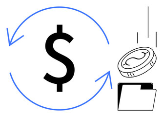 Dollar sign encircled by arrows, coin falling into folder. Ideal for finance, budgeting, savings, payment systems, investment, revenue cycle economic flow. Simple flat metaphor