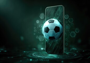 A soccer ball seemingly emerges from a smartphone screen, surrounded by teal digital effects and a dark background, suggesting mobile gaming or sports viewing