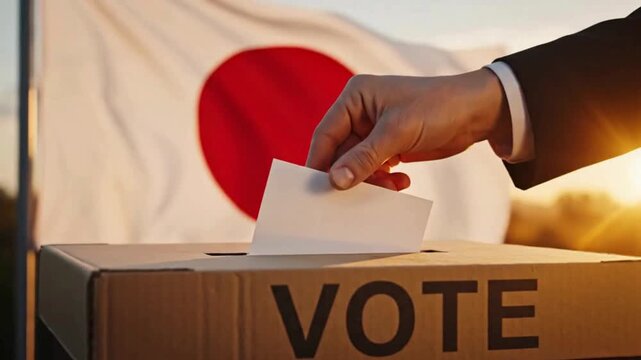 Japanese citizen casting vote in ballot box during election with Japan flag waving gently