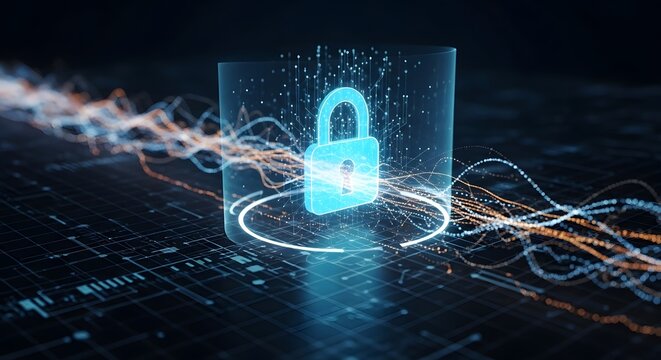 Glowing blue padlock in a cylinder with digital lines and circuit board pattern background for security