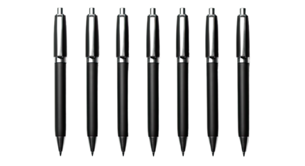 Set of seven black retractable ballpoint pens isolated on white background, ideal for office and school supplies