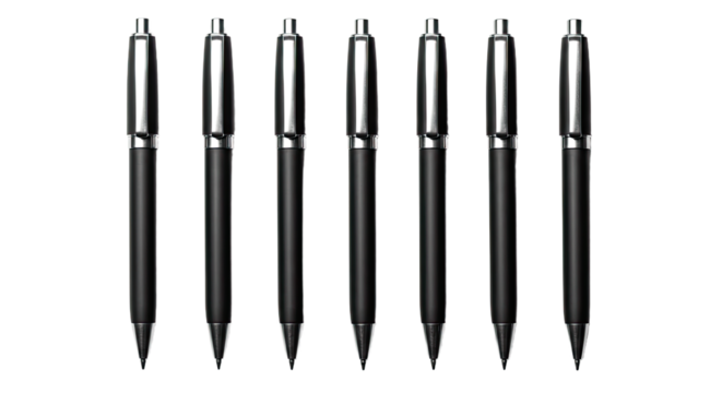 Set of seven black retractable ballpoint pens isolated on white background, ideal for office and school supplies