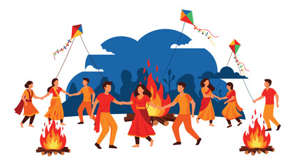 Fototapeta premium Celebration of Indian Festival with Bonfire and Kite Flying Activities