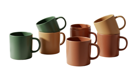Set of six colorful ceramic mugs in earth tones arranged with shadows on white background, perfect for coffee and tea lovers