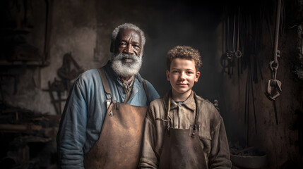 Elderly blacksmith teaching young apprentice craft in workshop