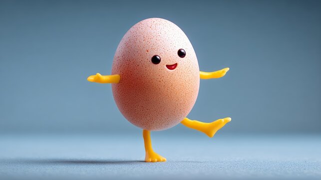 A cartoon egg is dancing on its feet. The egg is smiling and has a happy expression. The image has a lighthearted and playful mood