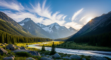 Serene Mountainous Landscape with River and Dramatic Sky at Sunset
