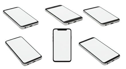 Set of six modern white smartphones isolated on black background, blank screens for mockup or design presentations
