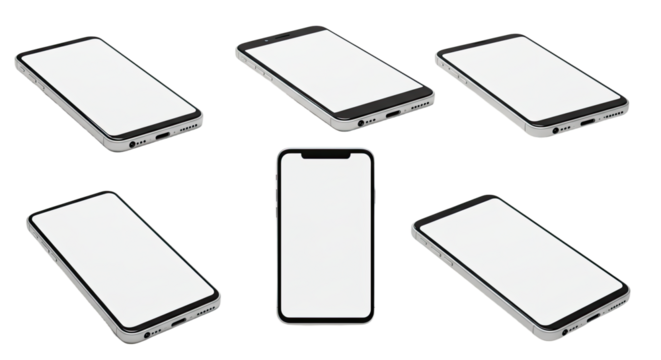 Set of six modern white smartphones isolated on black background, blank screens for mockup or design presentations