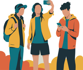 This illustration shows three young adults engaged with their mobile phones.
