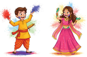 Happy children celebrating Holi festival with colorful powder, traditional Indian clothing, joyful kids playing with colors, vibrant Holi celebration illustration