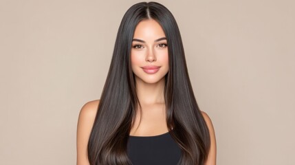Naklejka premium Beautiful woman with long, straight hair and natural makeup against a neutral background, conveying beauty, confidence, and simplicity in a portrait setting