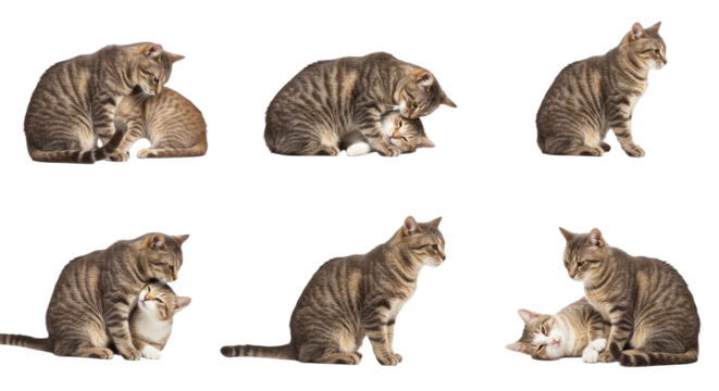 Set of six playful tabby cats interacting and resting isolated on white background, perfect for pet and animal content