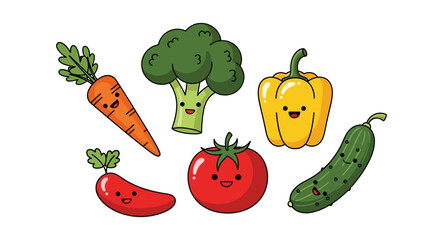 Whimsical and cheerful collection of vibrant cartoon vegetables, a delightful assortment of healthy food characters with smiling faces for fresh design projects