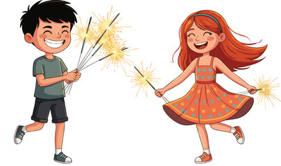 Happy kids playing with sparklers, joyful boy and girl celebrating festival night, cheerful children enjoying fireworks, festive fun, holiday celebration illustration