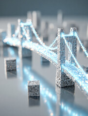 Fototapeta premium A sparkling miniature bridge made of cubes, illuminated with blue light, set against a blurred background, creating a dreamy, artistic effect.