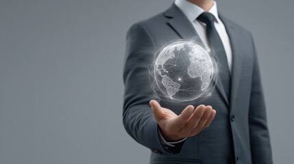 Businessman holding digital globe illustration with technology elements on gray background, representing global connection and innovation in modern business environments.