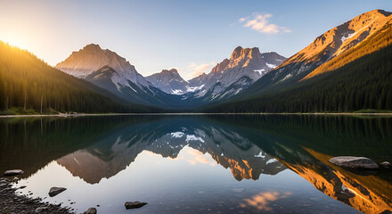 Serene Mountain Lake Reflects Golden Sunrise on Peaks and Forest