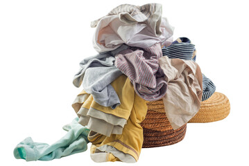 Used clothes in a pile on a laundry basket. Sorting and cleaning second-hand. Preparing for washing. 