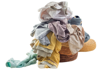 Used clothes in a pile on a laundry basket. Sorting and cleaning second-hand. Preparing for washing. 